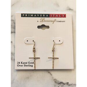 Danecraft 24K Gold Over Sterling Silver Cross Dangle Earrings Primavera Italy